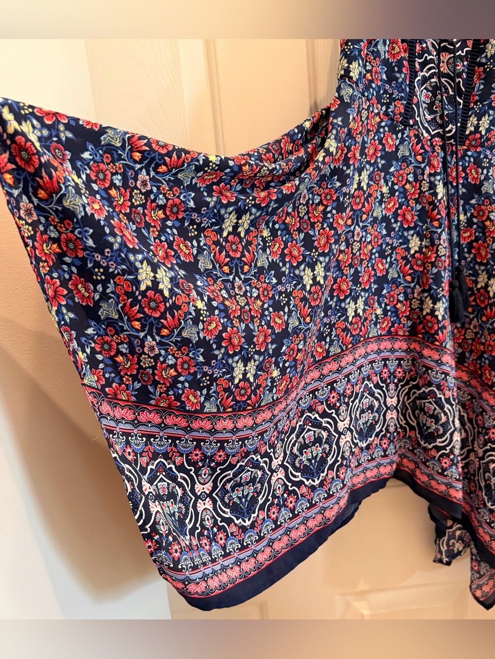 Xhilaration Navy Floral Boho Mini Dress Tassel Tie Smocked Pockets XS - Picture 8 of 16